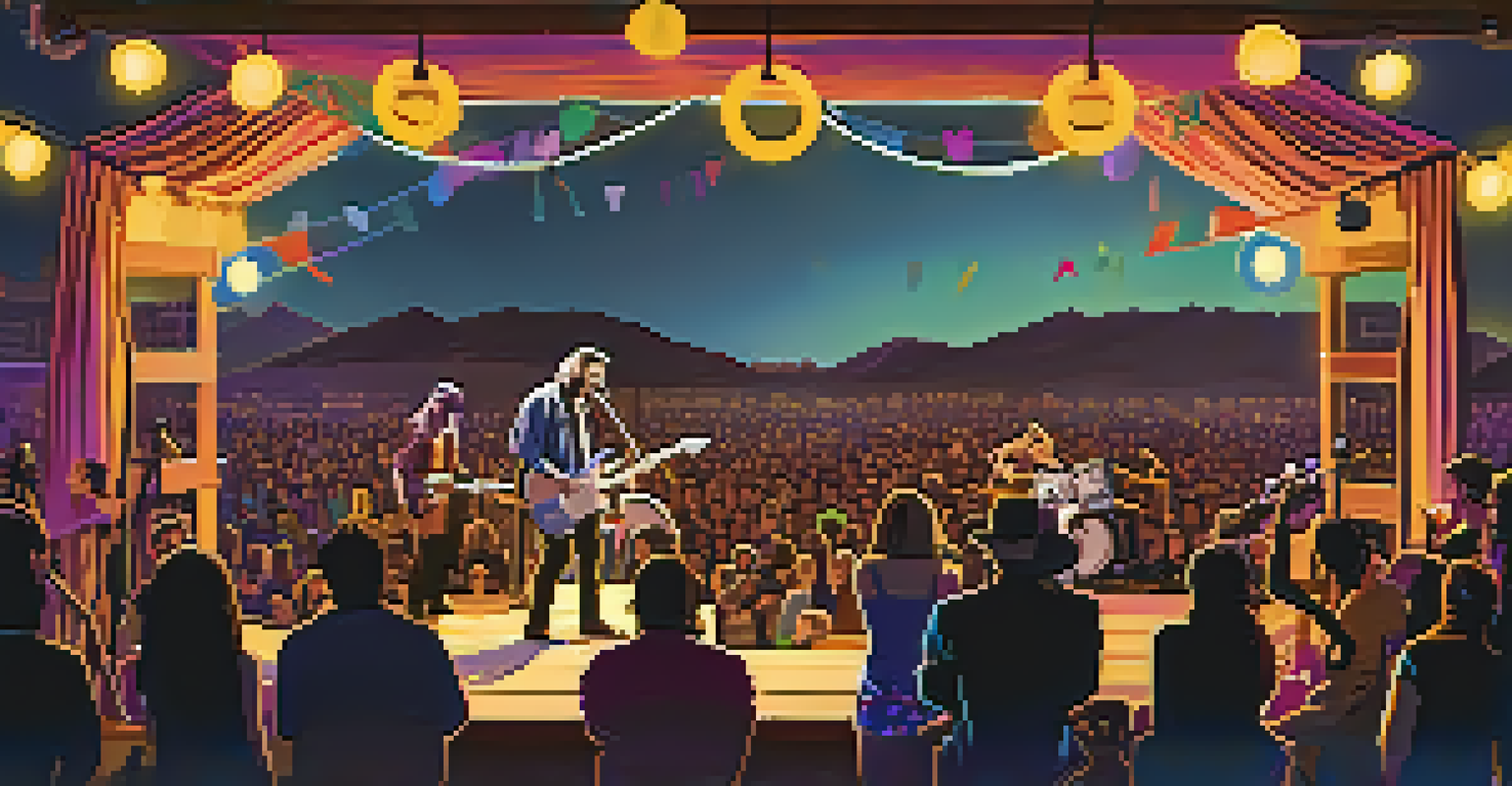 A local band performing on a small stage at a Phoenix festival, with engaged fans and a cozy atmosphere decorated with lights.