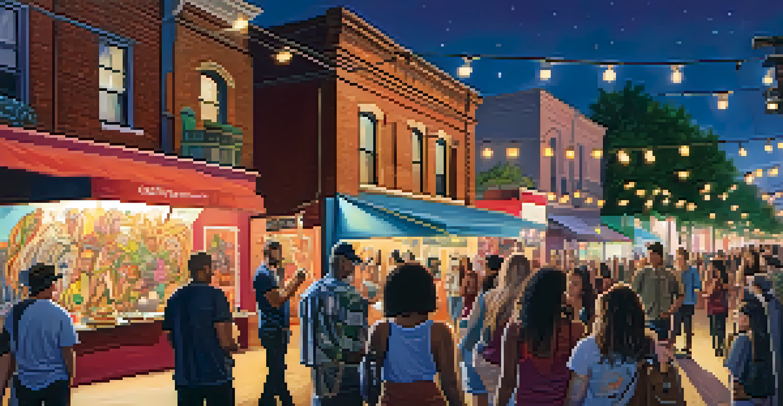 A vibrant street scene during the First Friday Art Walk in Roosevelt Row, with visitors exploring art, murals, and food vendors.