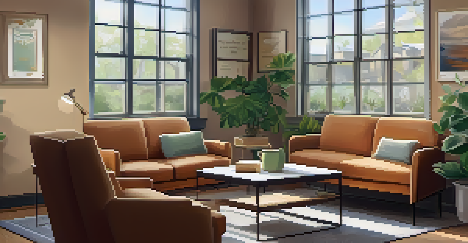 A cozy counseling office with comfortable seating, a cup of tea, and soft lighting, representing a safe space for mental health support.
