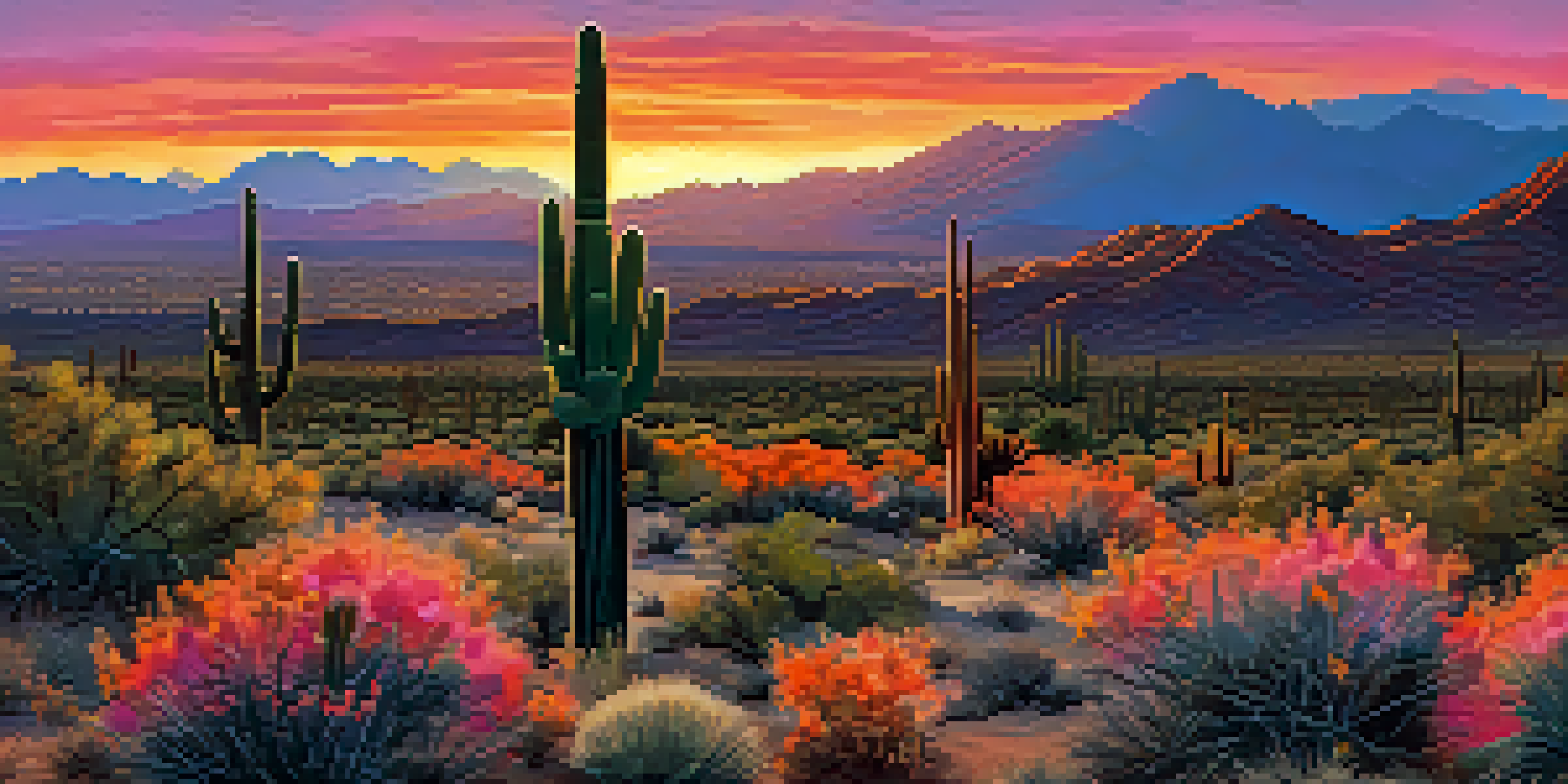 A sunset over the Sonoran Desert with saguaro cacti silhouetted against a colorful sky.