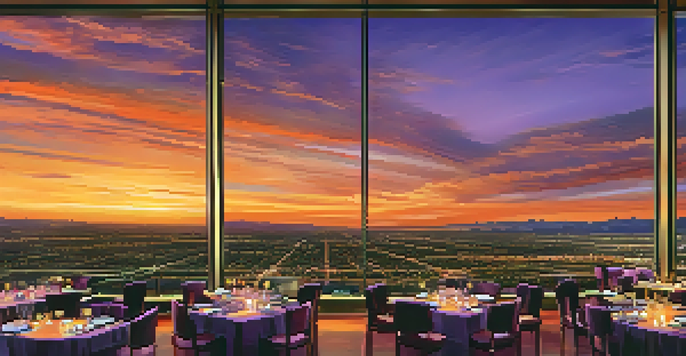 A stunning sunset view over Phoenix from the rooftop restaurant, the Compass Room, with elegantly set tables and twinkling lights.