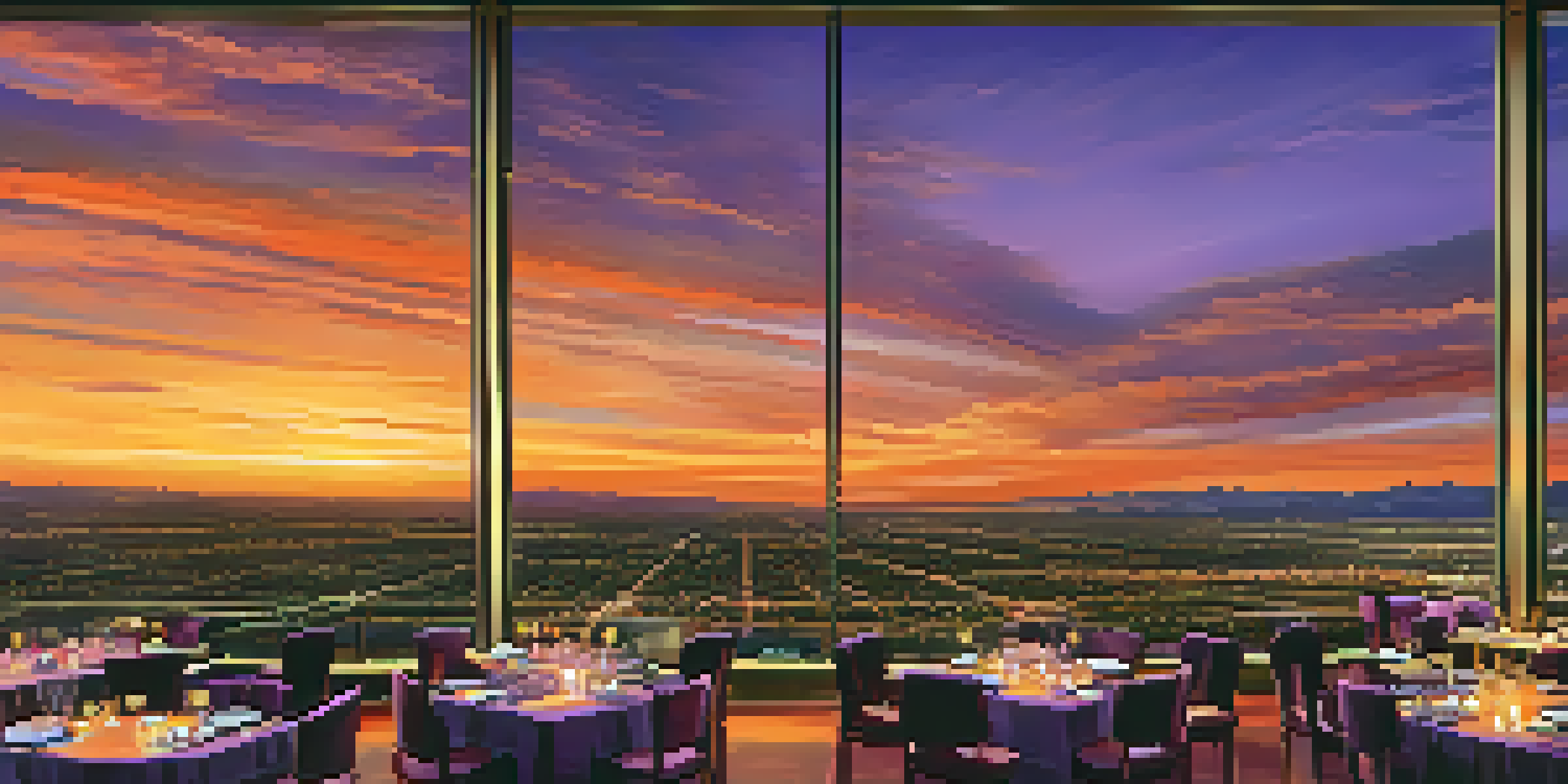 A stunning sunset view over Phoenix from the rooftop restaurant, the Compass Room, with elegantly set tables and twinkling lights.