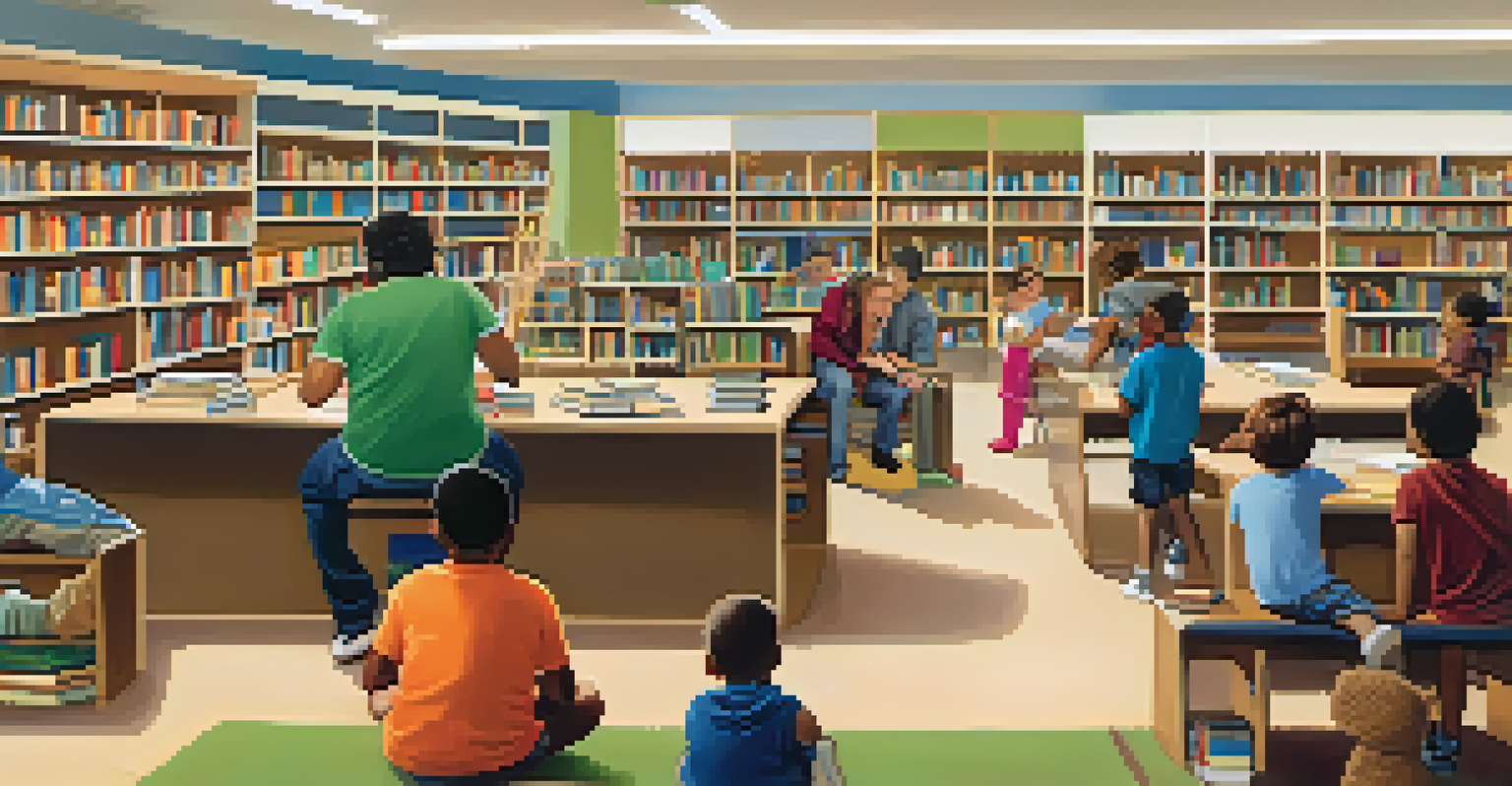 A vibrant library scene with children, adults, and computers in use.