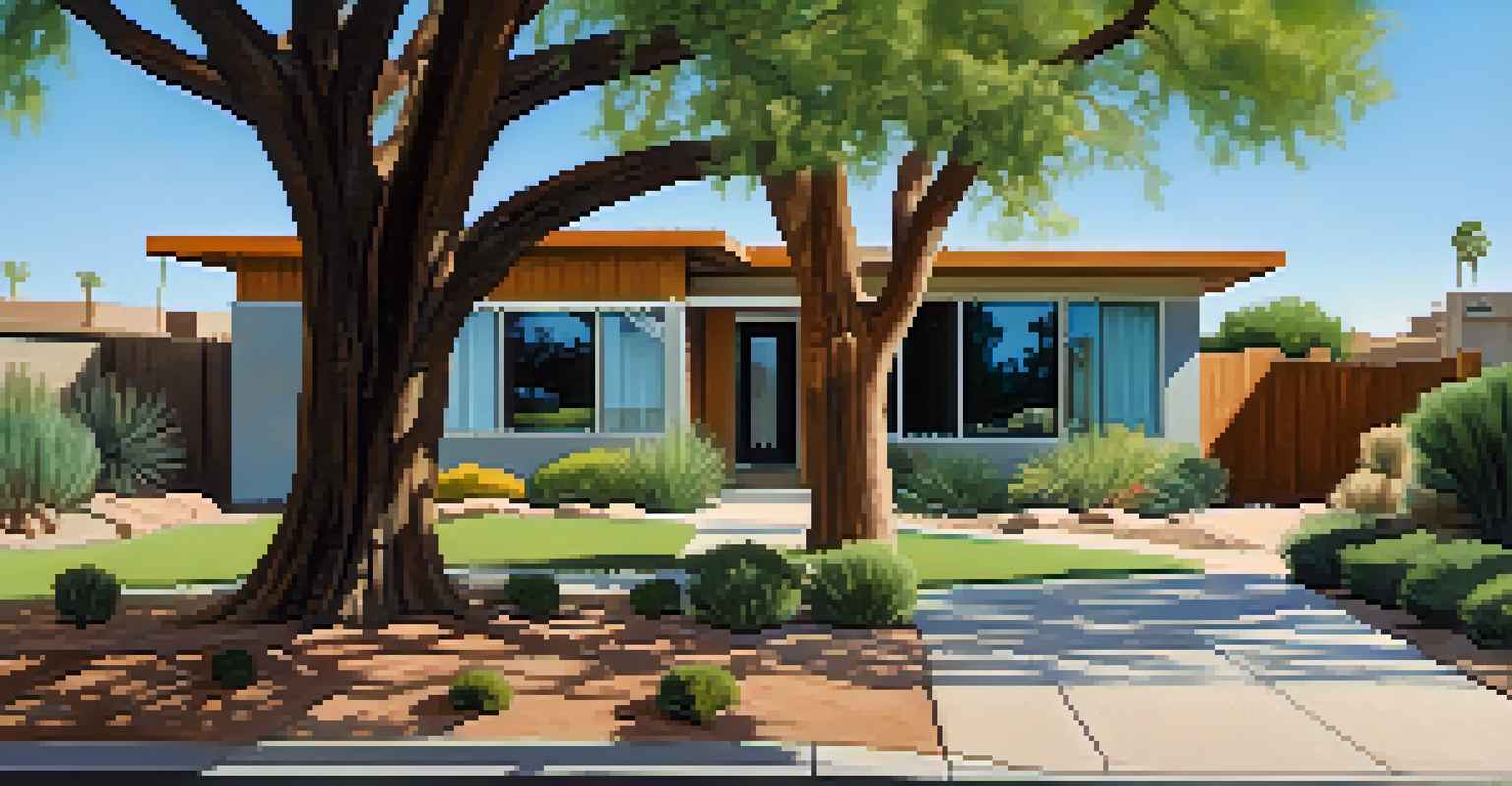 A street view of mid-century modern homes in the Arcadia neighborhood of Phoenix, showcasing unique architecture and desert landscaping.