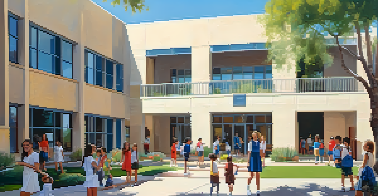 A modern private school building in Phoenix with students playing in the courtyard, surrounded by beautiful landscaping and clear blue skies.
