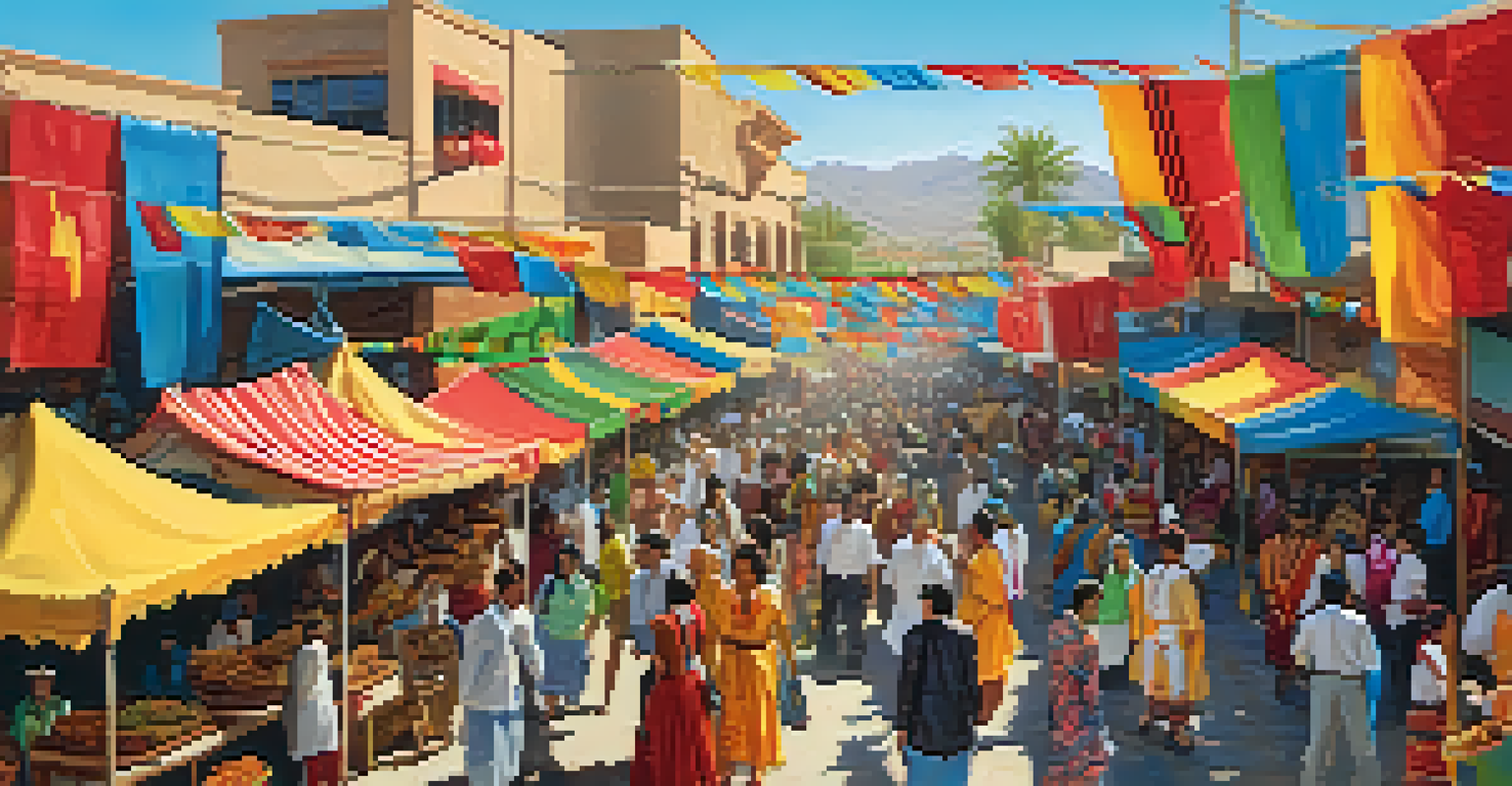 A lively street scene at a cultural festival in Phoenix featuring diverse people in traditional clothing, colorful decorations, and food stalls.