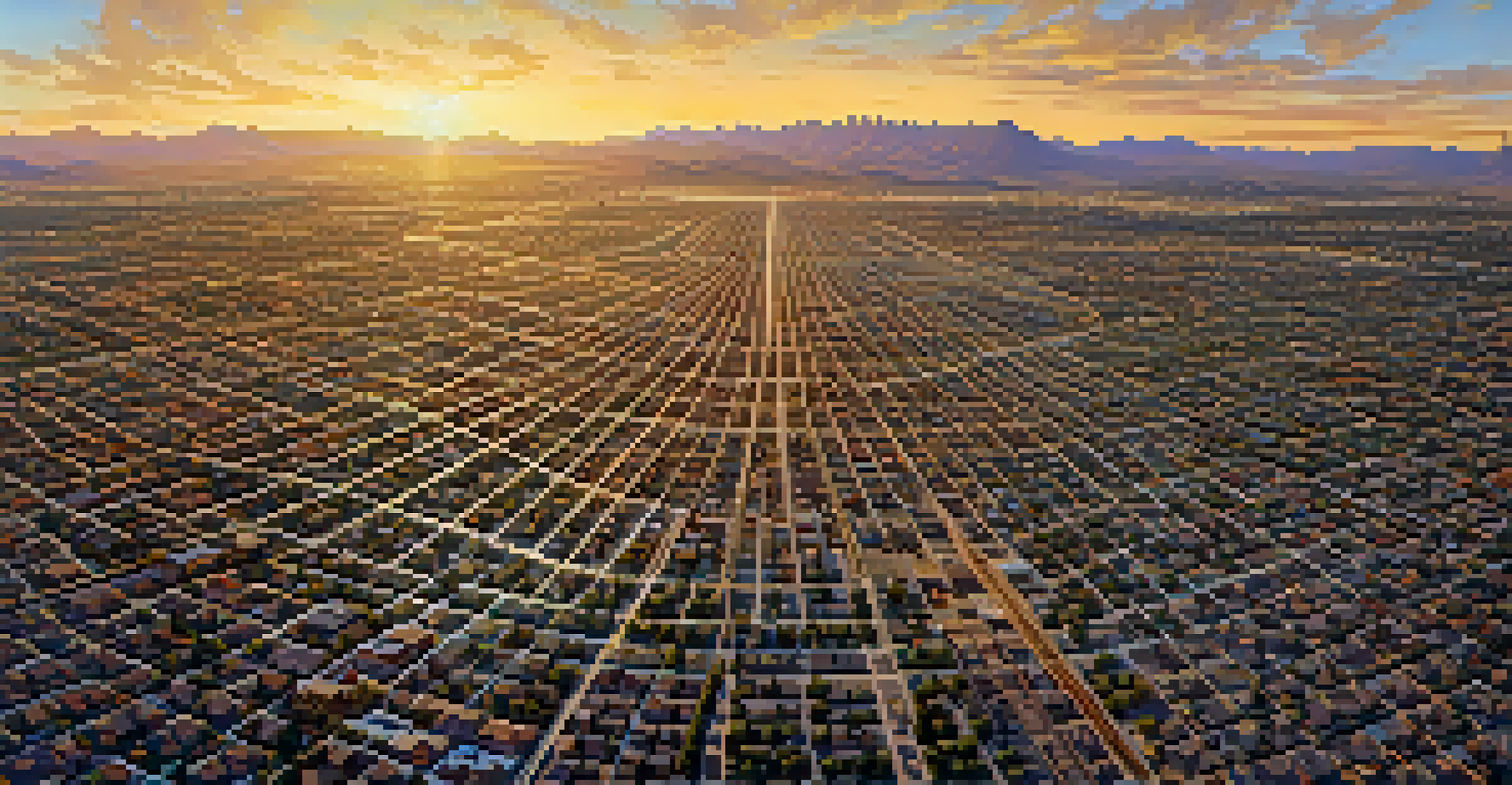 An aerial view of Phoenix, Arizona, showing neighborhoods and thoroughfares shaped by railroads in golden hour light.