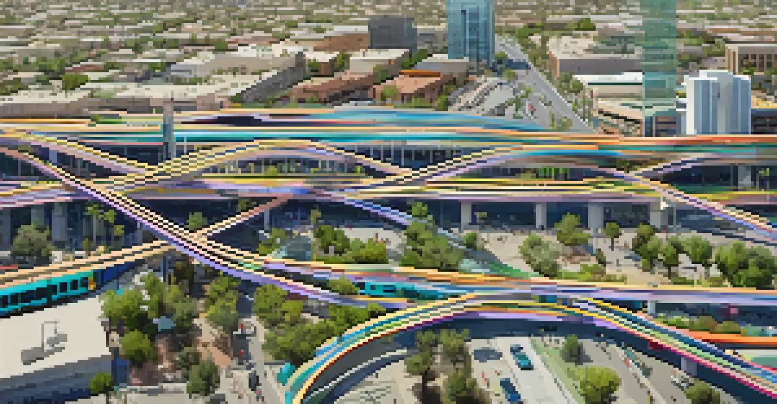 Aerial view of a transportation network in Phoenix, highlighting bike lanes, public transit routes, and pedestrian areas.