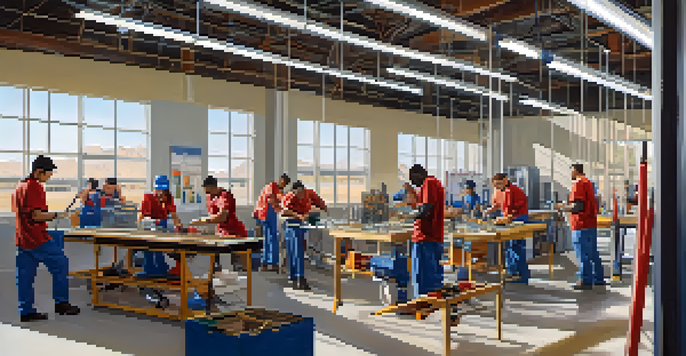 A bright and modern training facility in Phoenix, with diverse individuals participating in vocational training programs, surrounded by tools and educational materials.