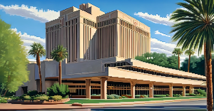 A view of the Arizona Biltmore Hotel featuring Mid-Century Modern architecture set against a bright blue sky and desert landscape.