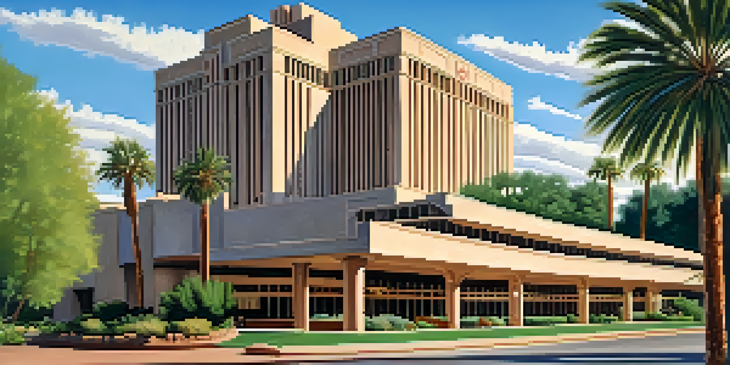 A view of the Arizona Biltmore Hotel featuring Mid-Century Modern architecture set against a bright blue sky and desert landscape.