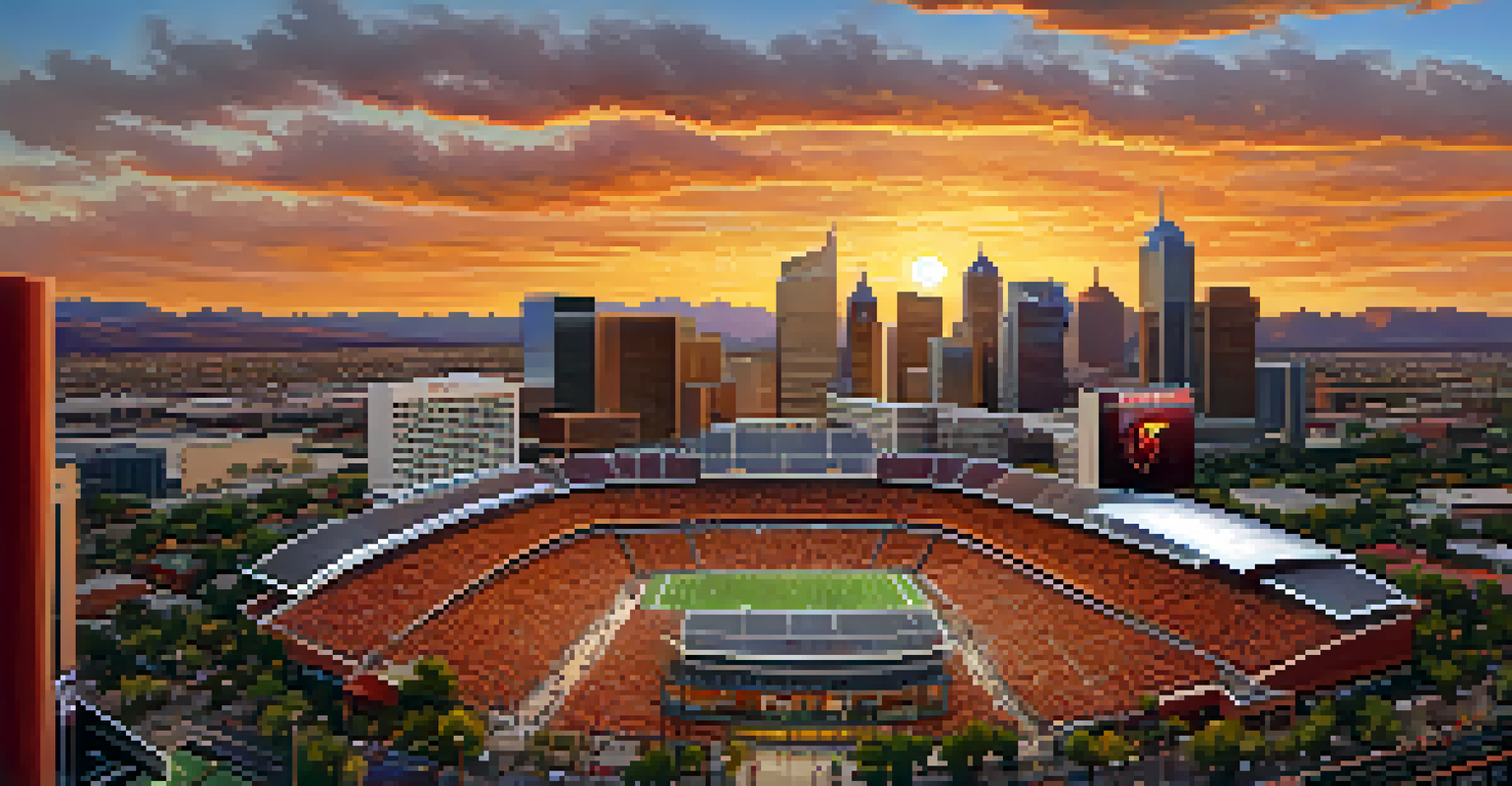 An aerial view of Phoenix with fans heading to a college football game during sunset.