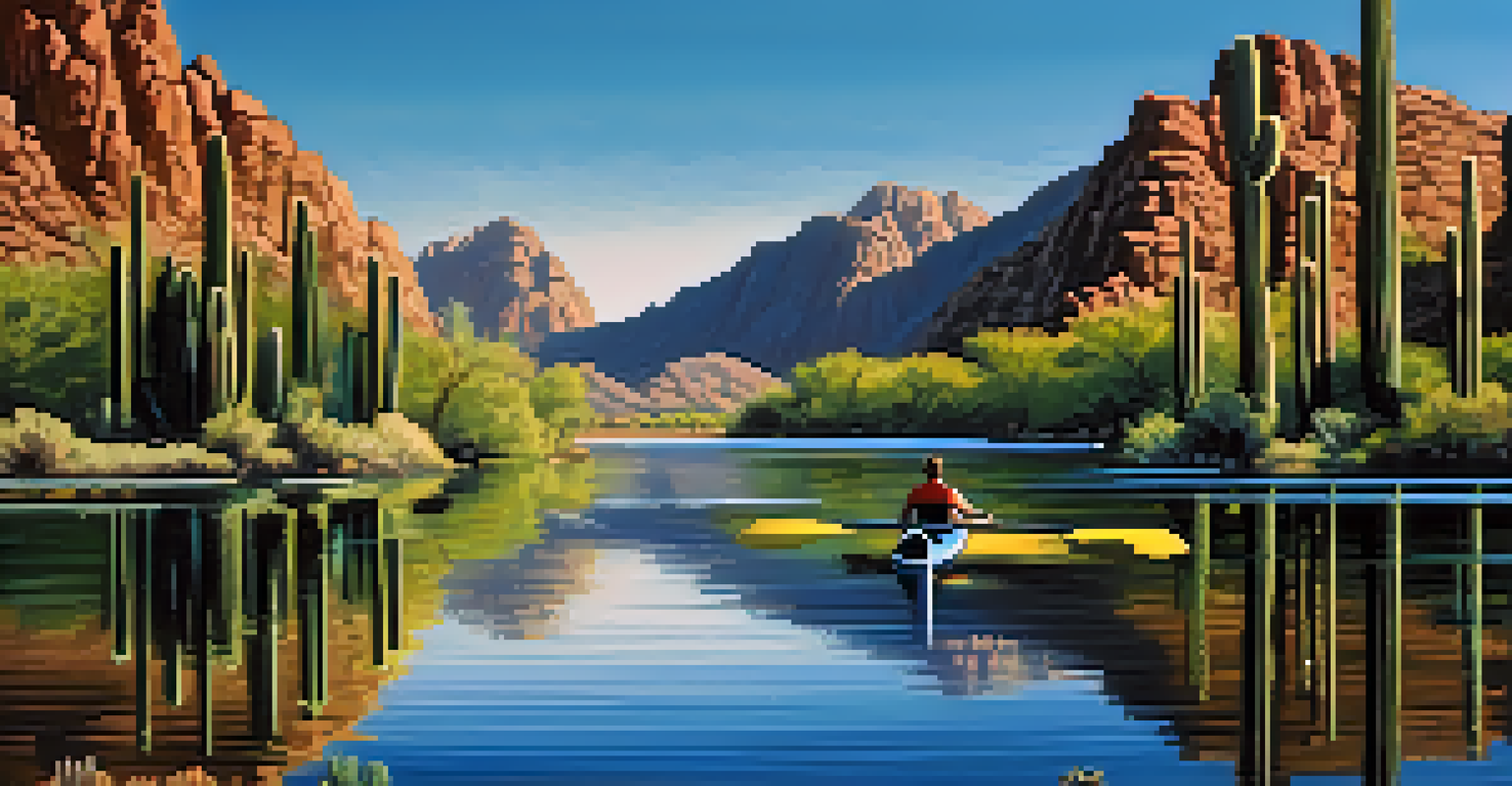 A kayaker paddling on Saguaro Lake with cacti and mountains in the background.
