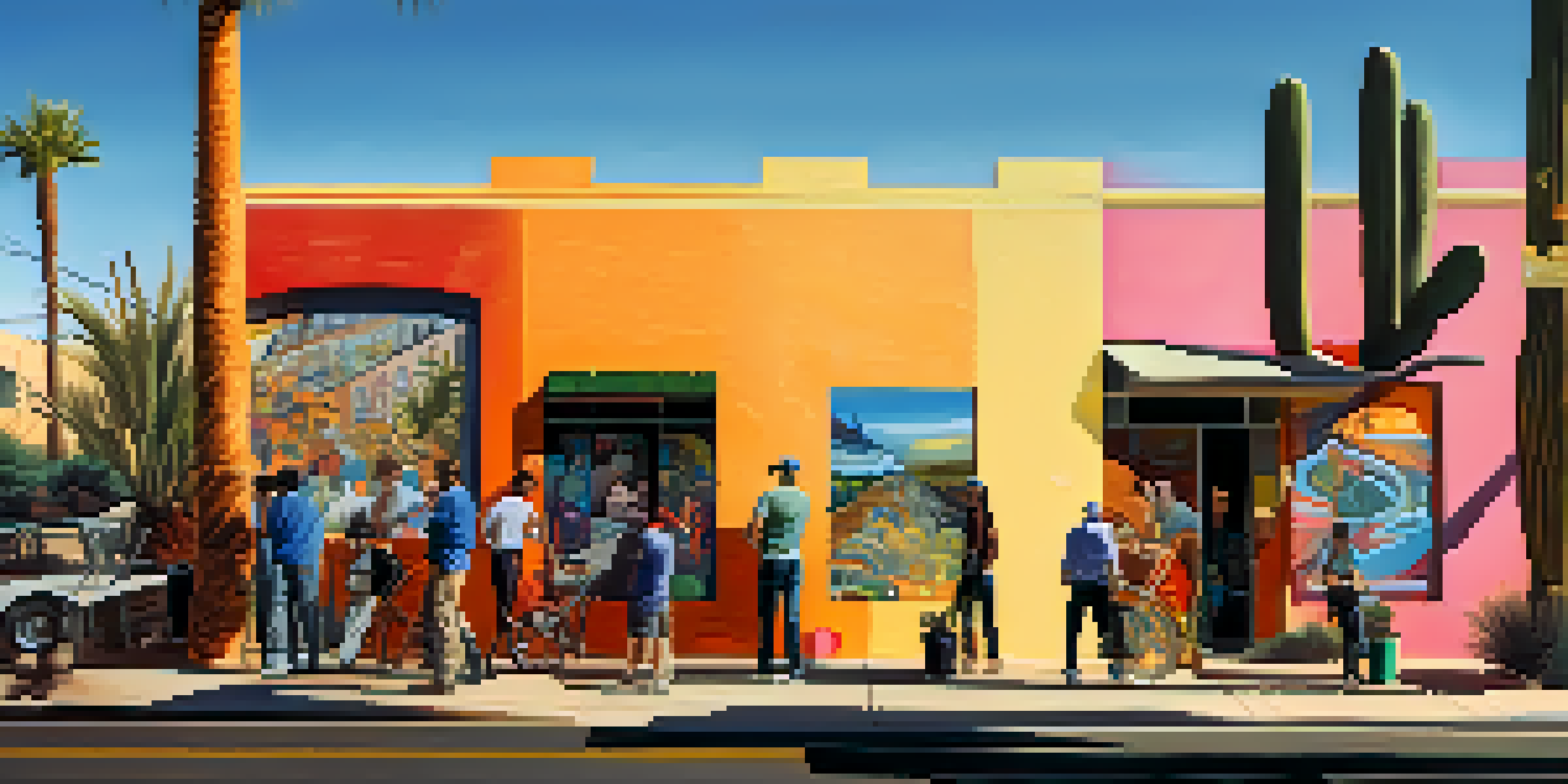 A colorful street scene in Phoenix with graphic designers collaborating, featuring murals and bright sunlight.