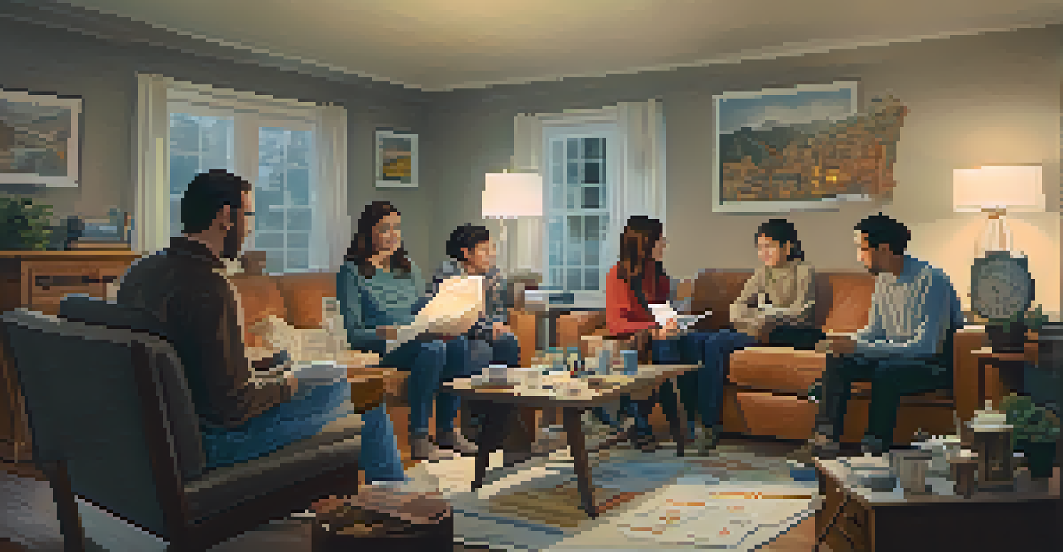 A family in a living room discussing their emergency plan with a map and emergency kit items on the table.