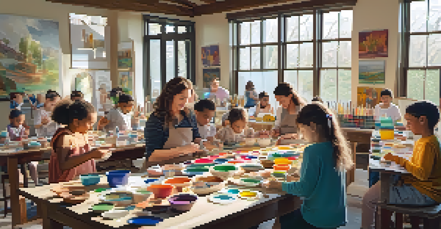 Families enjoying an arts and crafts workshop, creating pottery and paintings together in a bright room.