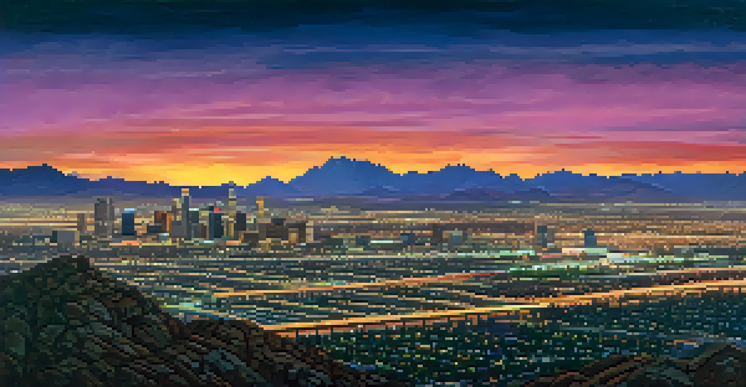 A stunning sunset over Phoenix, featuring a colorful sky and the city skyline with mountains in the background.