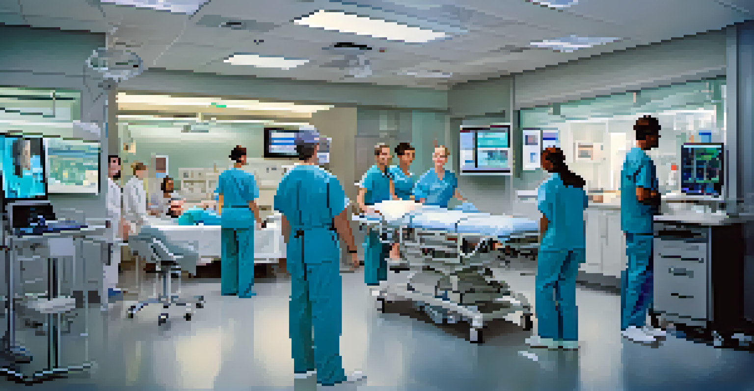 An emergency room with medical professionals attending to a patient on a stretcher, showcasing high-tech equipment and teamwork.