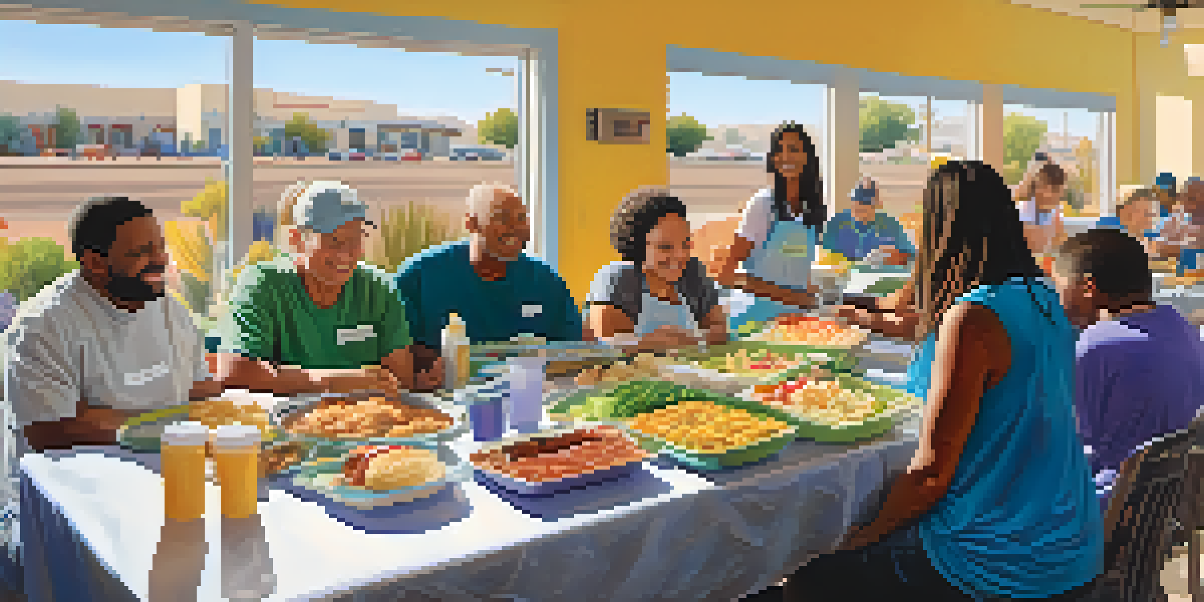 Volunteers serving meals at a community shelter, with a diverse group interacting warmly with individuals in need, surrounded by colorful food and cheerful artwork.