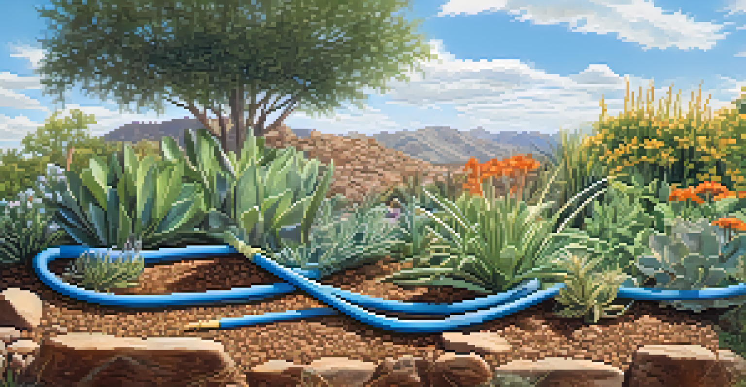A close-up view of a drip irrigation system watering native plants in a xeriscaped backyard, under a clear blue sky.