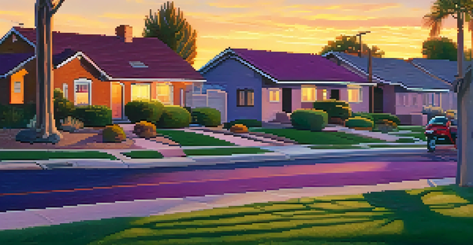 A peaceful Phoenix neighborhood at sunset with colorful skies and neatly arranged houses.