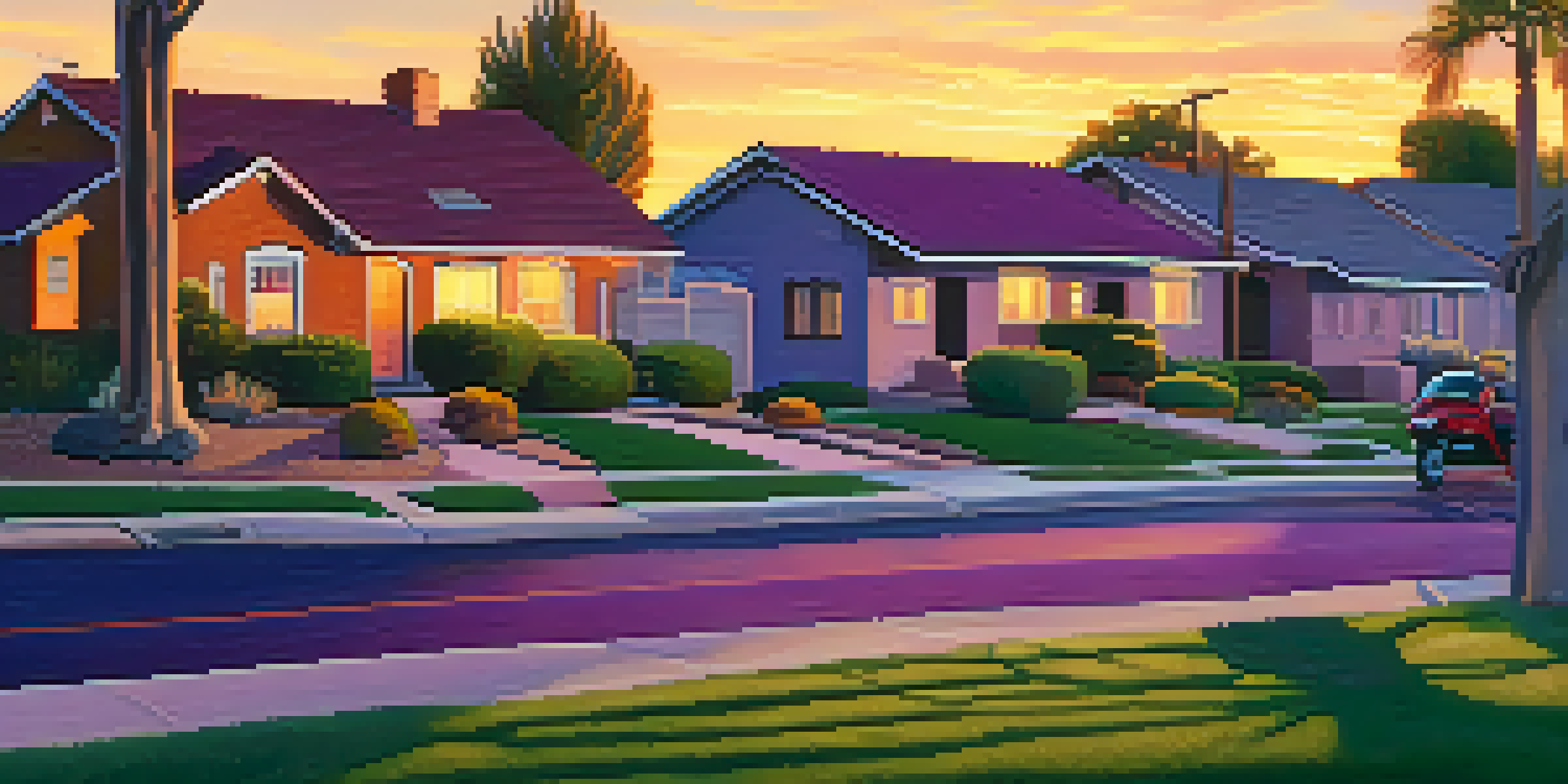 A peaceful Phoenix neighborhood at sunset with colorful skies and neatly arranged houses.