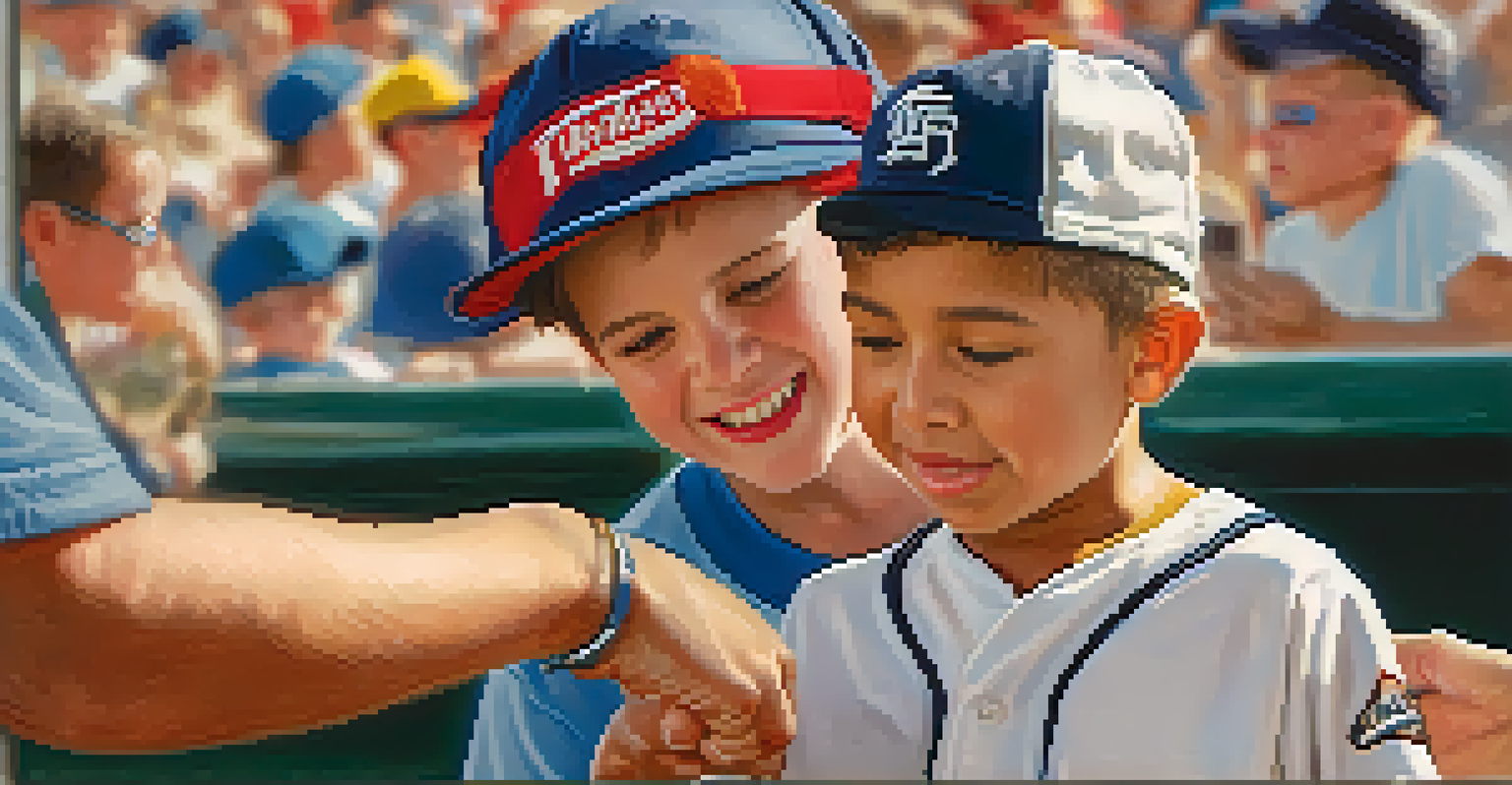 A close-up of a child receiving an autograph from a baseball player during spring training, capturing their joyful interaction.