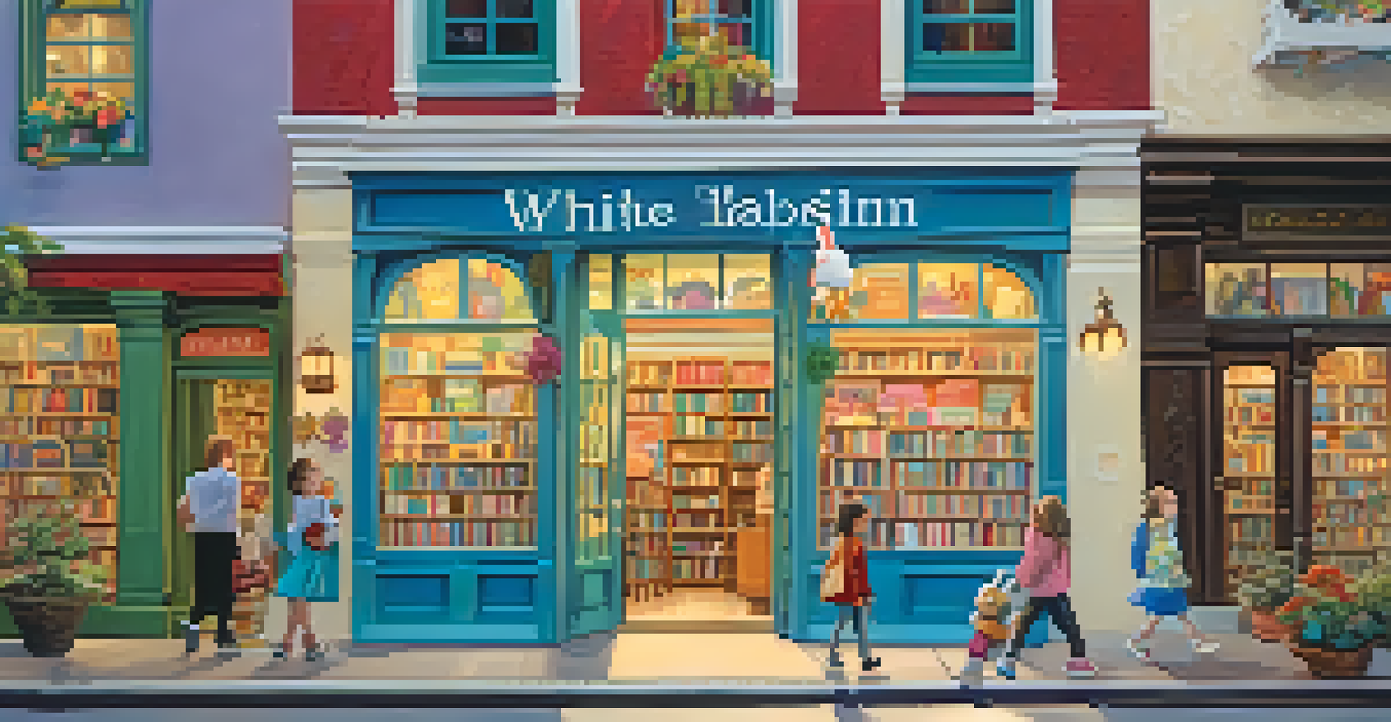 The colorful exterior of a whimsical children's bookstore named 'White Rabbit' with families entering.