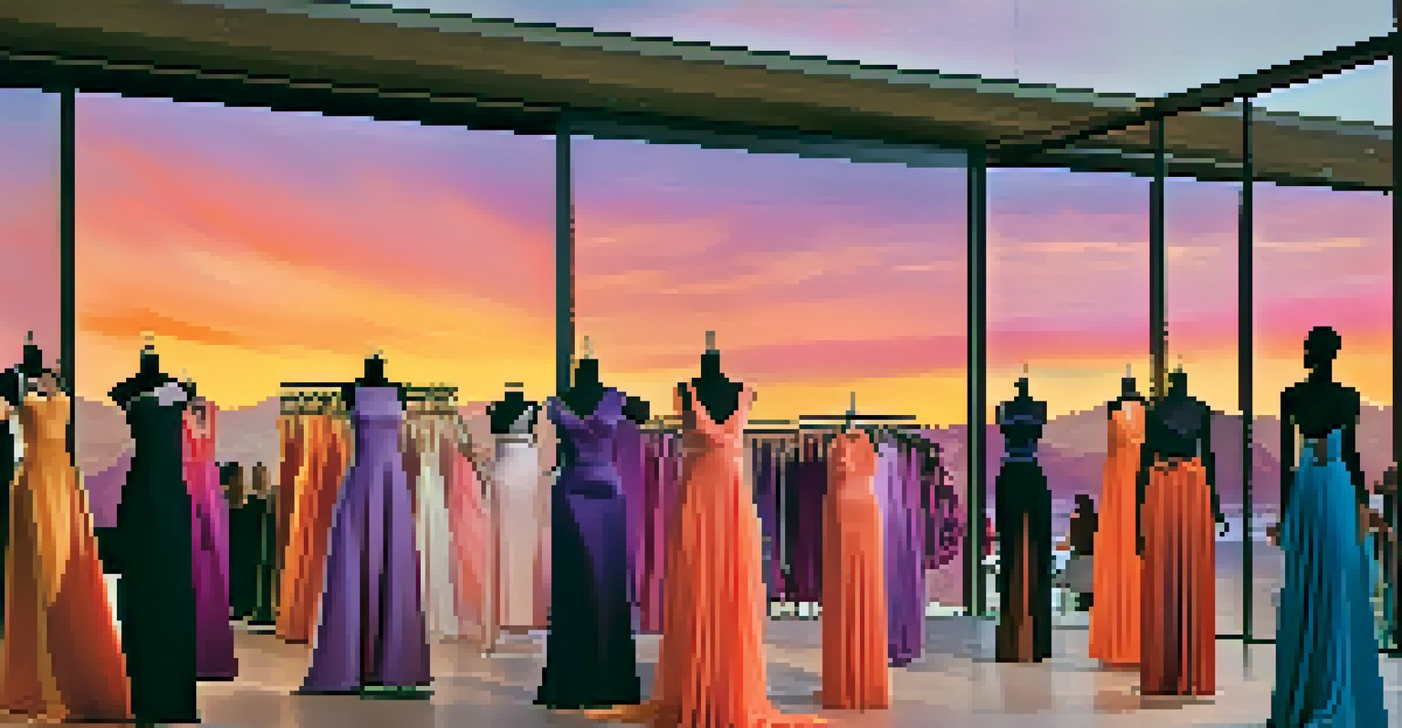 An Arizona sunset with vibrant colors as a backdrop to a fashion event, featuring local designers and elegant garments on display.
