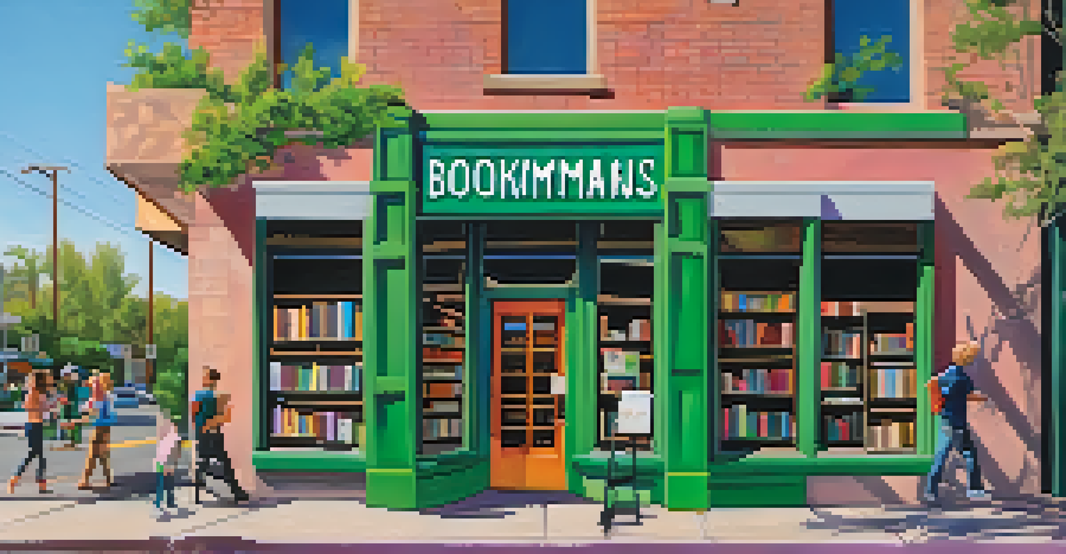 The exterior of Bookmans bookstore with colorful signage and greenery, inviting visitors inside.