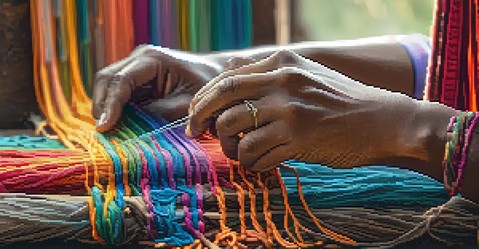 Close-up of hands weaving a colorful scarf, highlighting the intricate texture and craftsmanship.