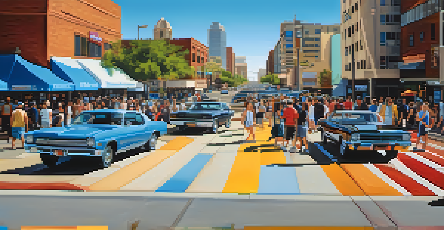 A lively street scene in downtown Phoenix with murals, people, and city architecture under a clear sky.