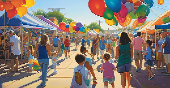Families participating in the Phoenix Festival of the Arts, with colorful art installations and children involved in workshops under a sunny sky.