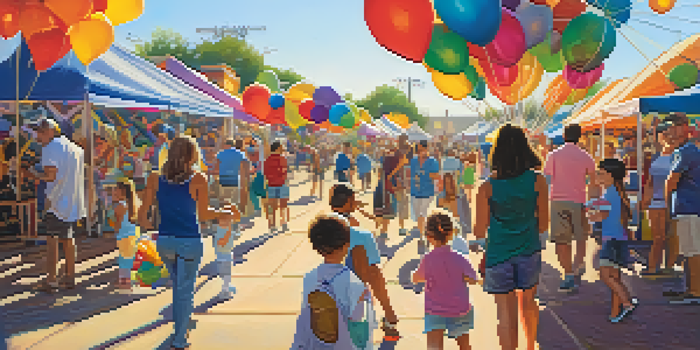 Families participating in the Phoenix Festival of the Arts, with colorful art installations and children involved in workshops under a sunny sky.