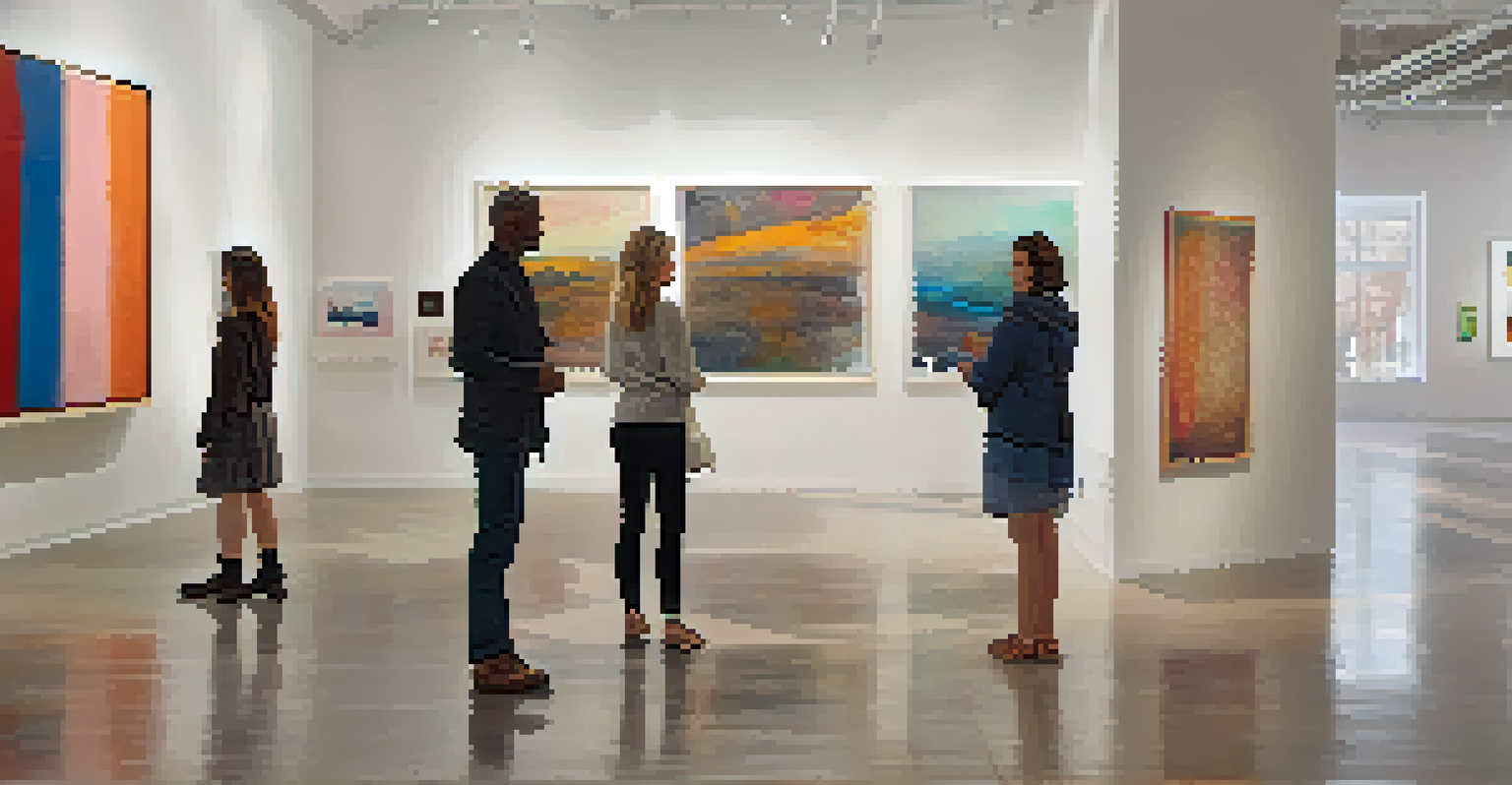 Inside a Roosevelt Row gallery, showcasing contemporary art pieces with natural light illuminating the space and art enthusiasts discussing the works.