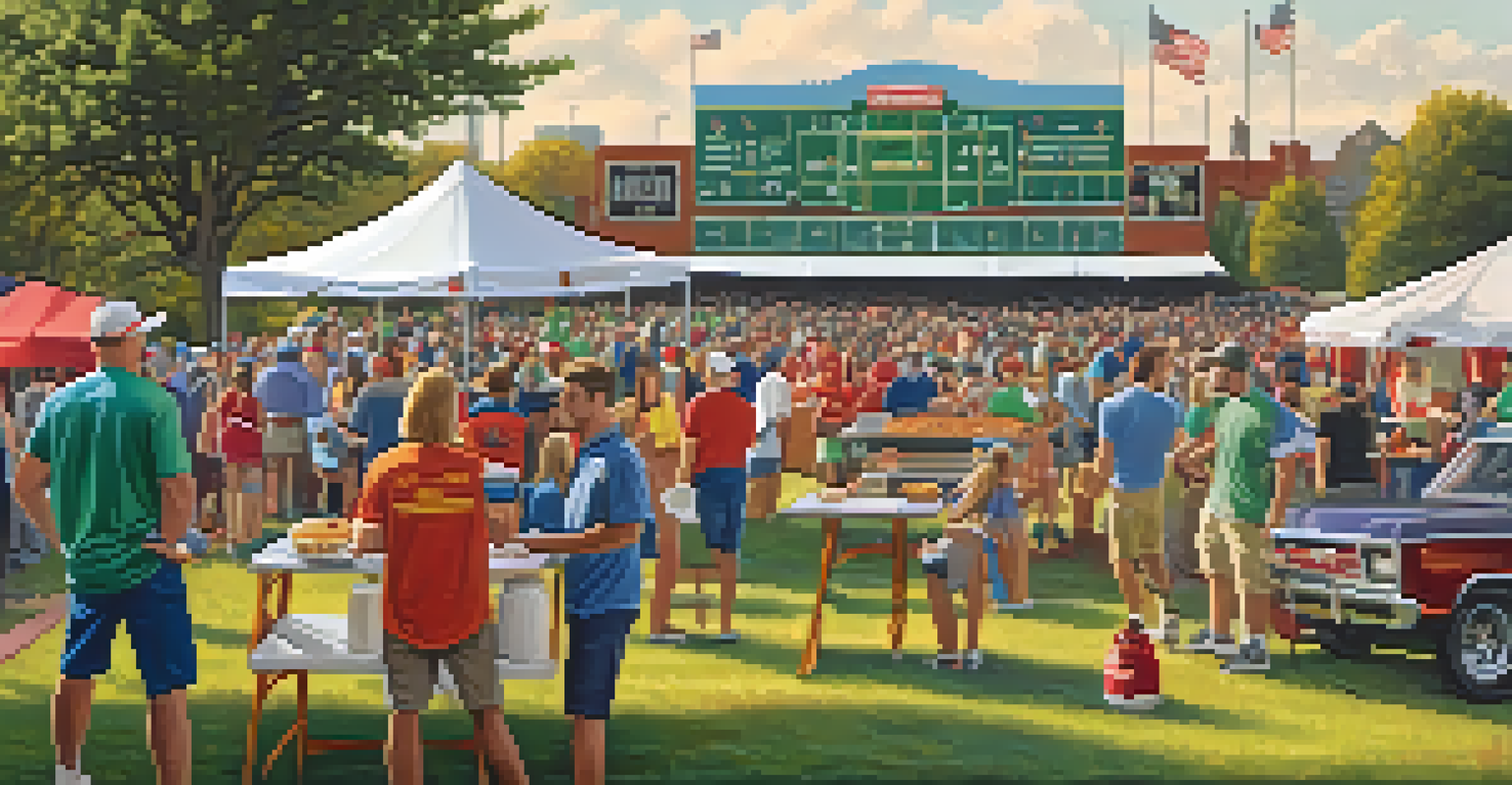 A festive tailgating party with fans celebrating before a college football game.