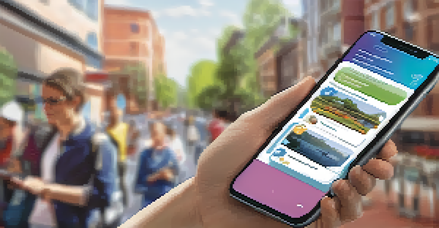 A close-up of a digital device showing a civic engagement app with vibrant graphics, set against a background of a person using the app in a warm, inviting setting.