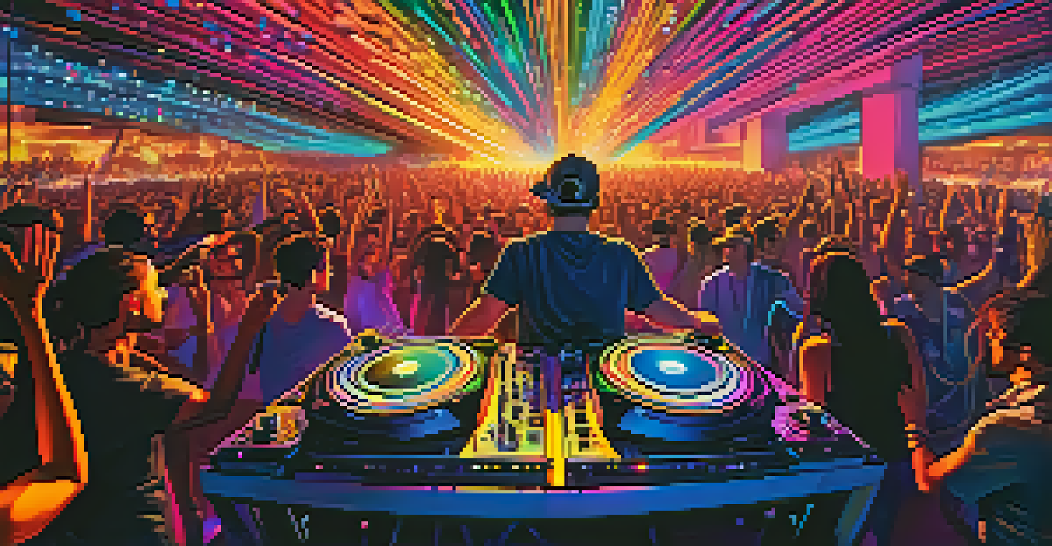 A DJ performing at an electronic music event in Phoenix, with colorful lights and enthusiastic fans dancing.