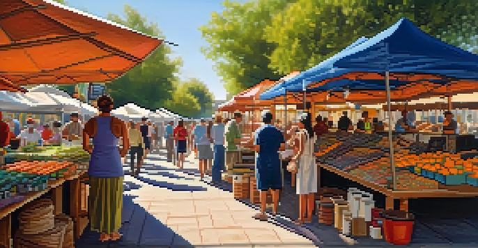 A bustling outdoor market in Phoenix with colorful stalls, artisans interacting with customers, and sunlight filtering through trees.