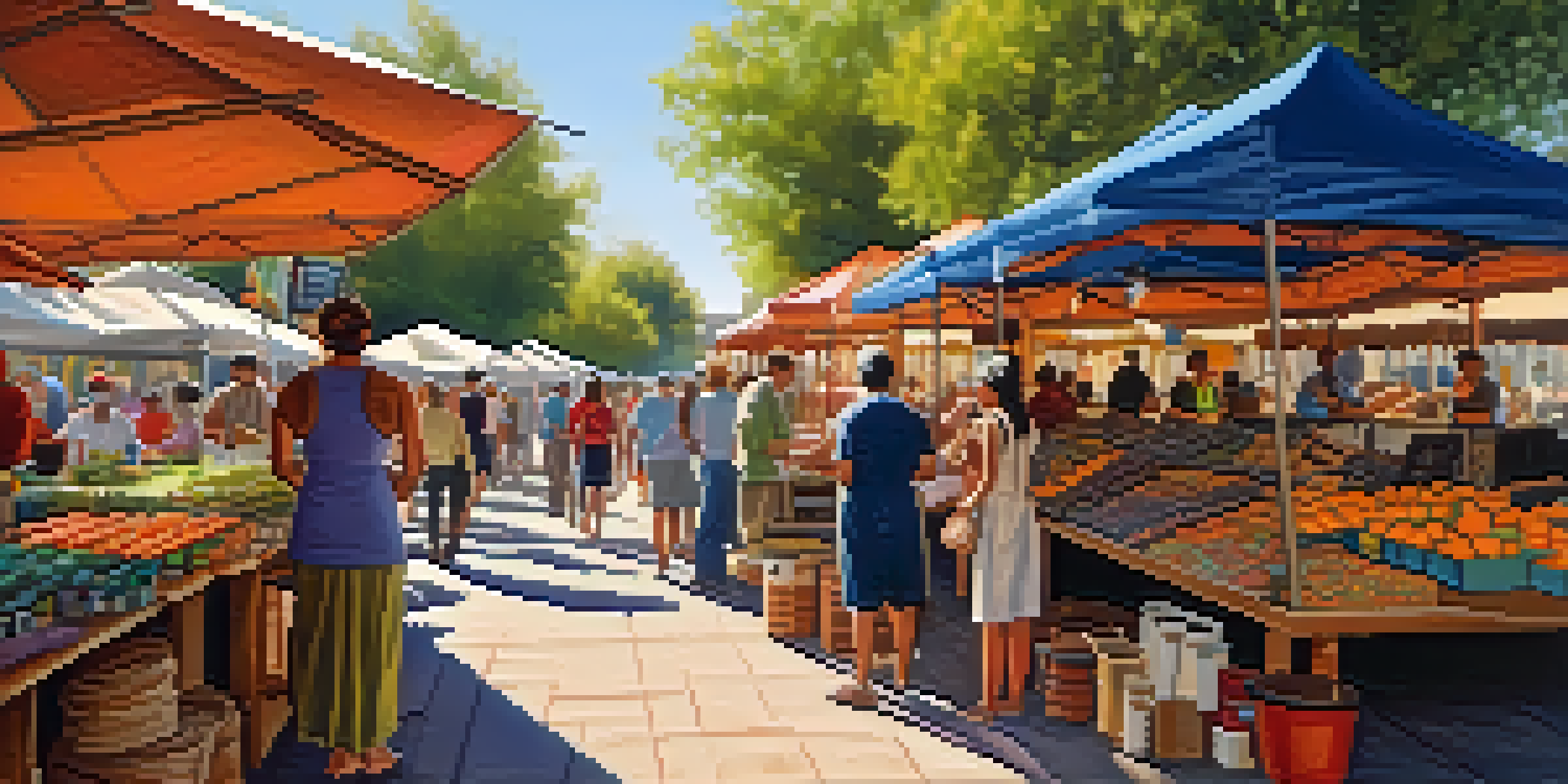 A bustling outdoor market in Phoenix with colorful stalls, artisans interacting with customers, and sunlight filtering through trees.