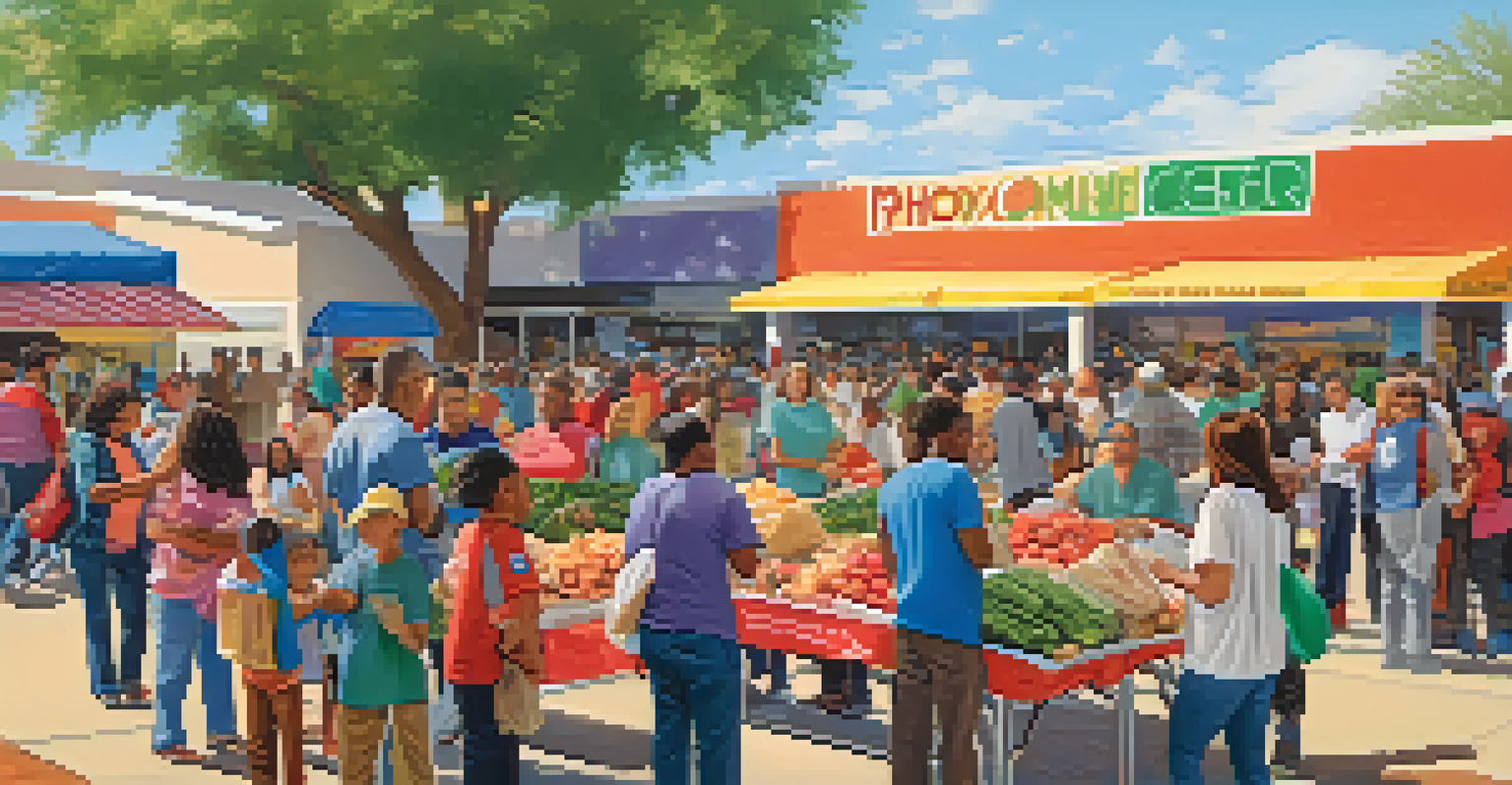 Volunteers distributing groceries at a community event in Phoenix, with a diverse crowd and colorful banners, creating a warm and inviting atmosphere.