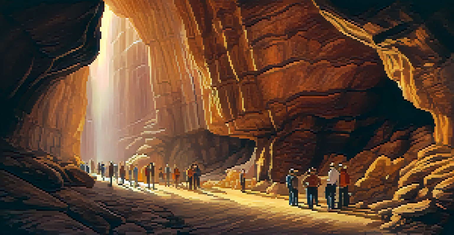 The entrance to the Grand Canyon Caverns, with a rugged rock face and warm lights illuminating stunning stalactites and stalagmites inside, as guided tour groups explore the underground formations.