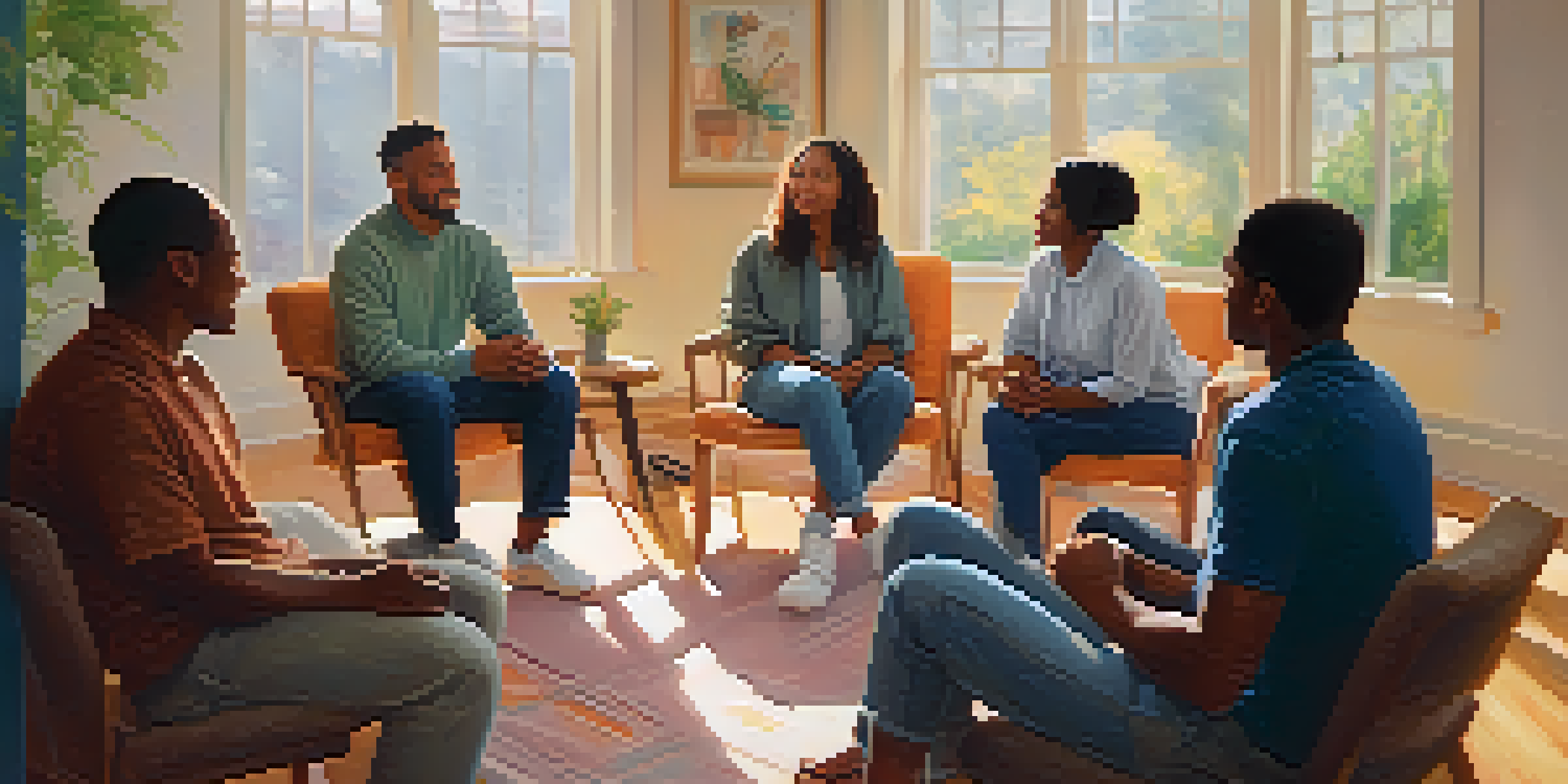 A diverse group of individuals sitting in a circle during a mental health support group meeting in a well-lit room.