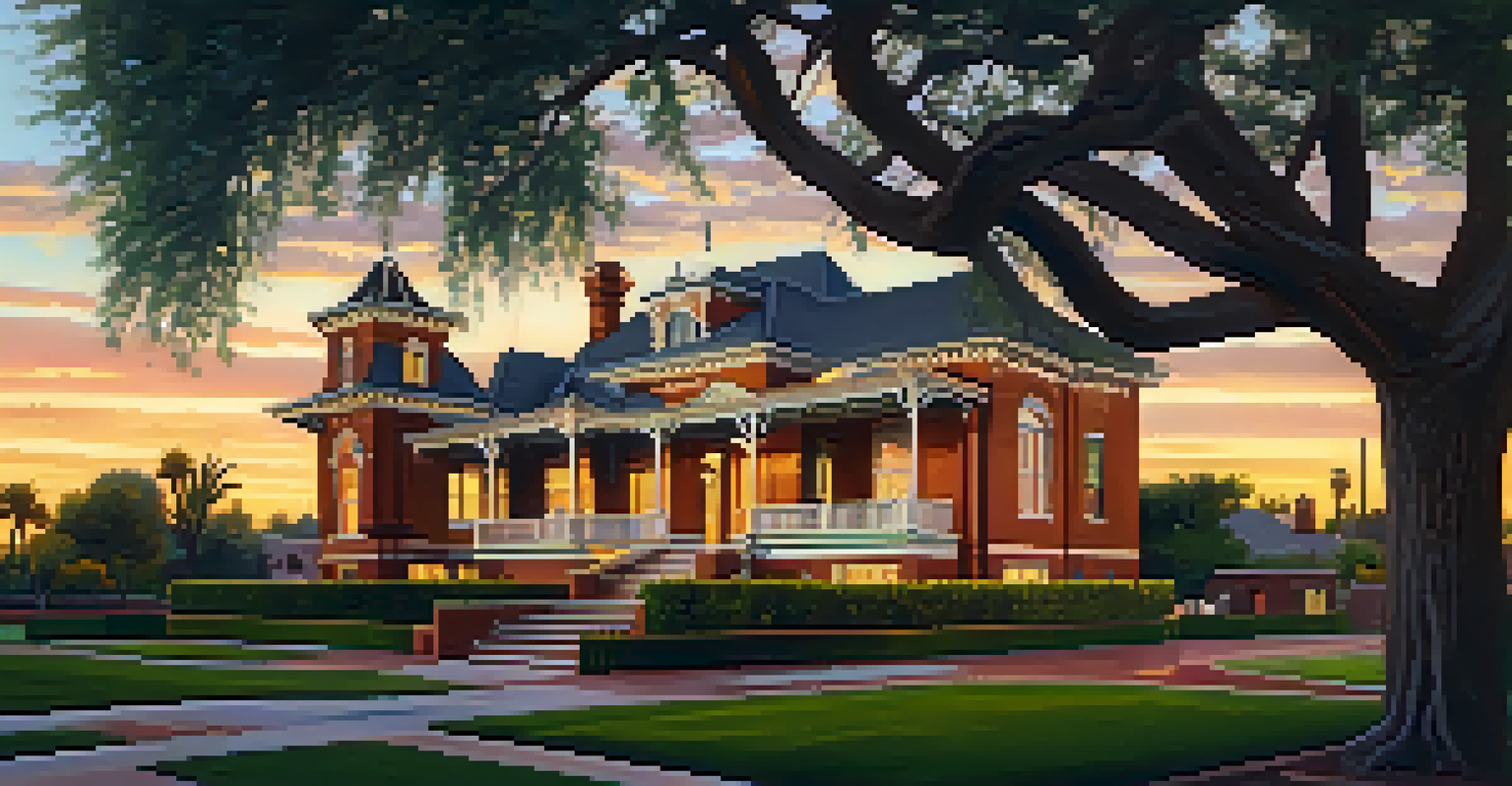 A picturesque sunset view of Heritage Square featuring Victorian architecture and gardens.