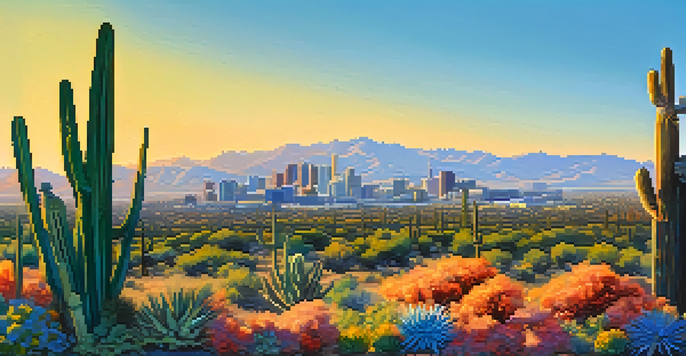 A sunny view of Phoenix skyline with cacti and wildflowers in the foreground, highlighting the desert landscape and modern architecture.