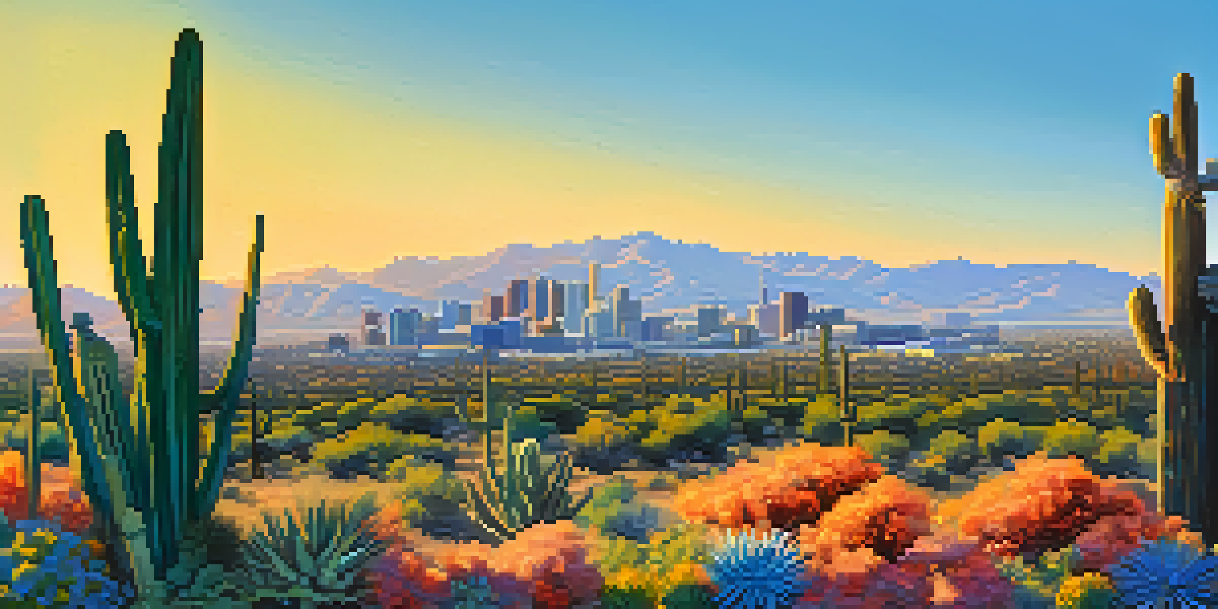 A sunny view of Phoenix skyline with cacti and wildflowers in the foreground, highlighting the desert landscape and modern architecture.