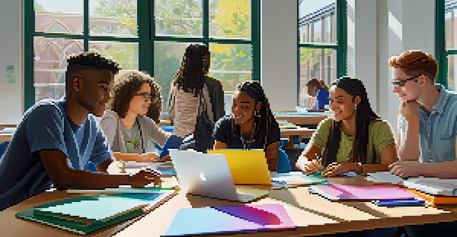 A diverse group of college students collaborating in a bright study area on campus, surrounded by laptops and colorful stationery, illustrating a dynamic learning environment.
