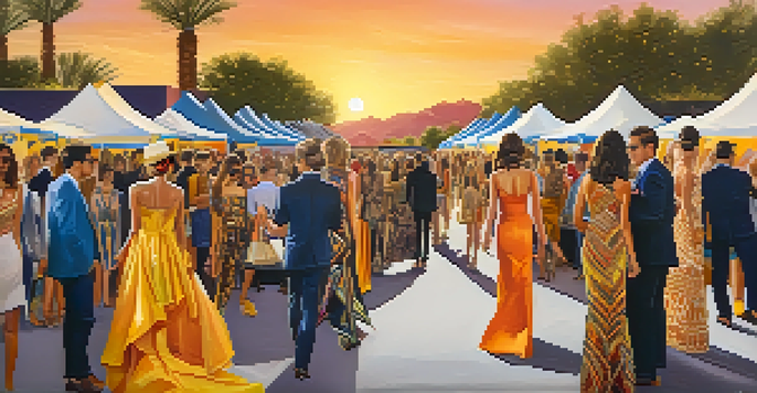 An outdoor fashion event in Phoenix with models on the runway and colorful tents, under a warm sunset glow.