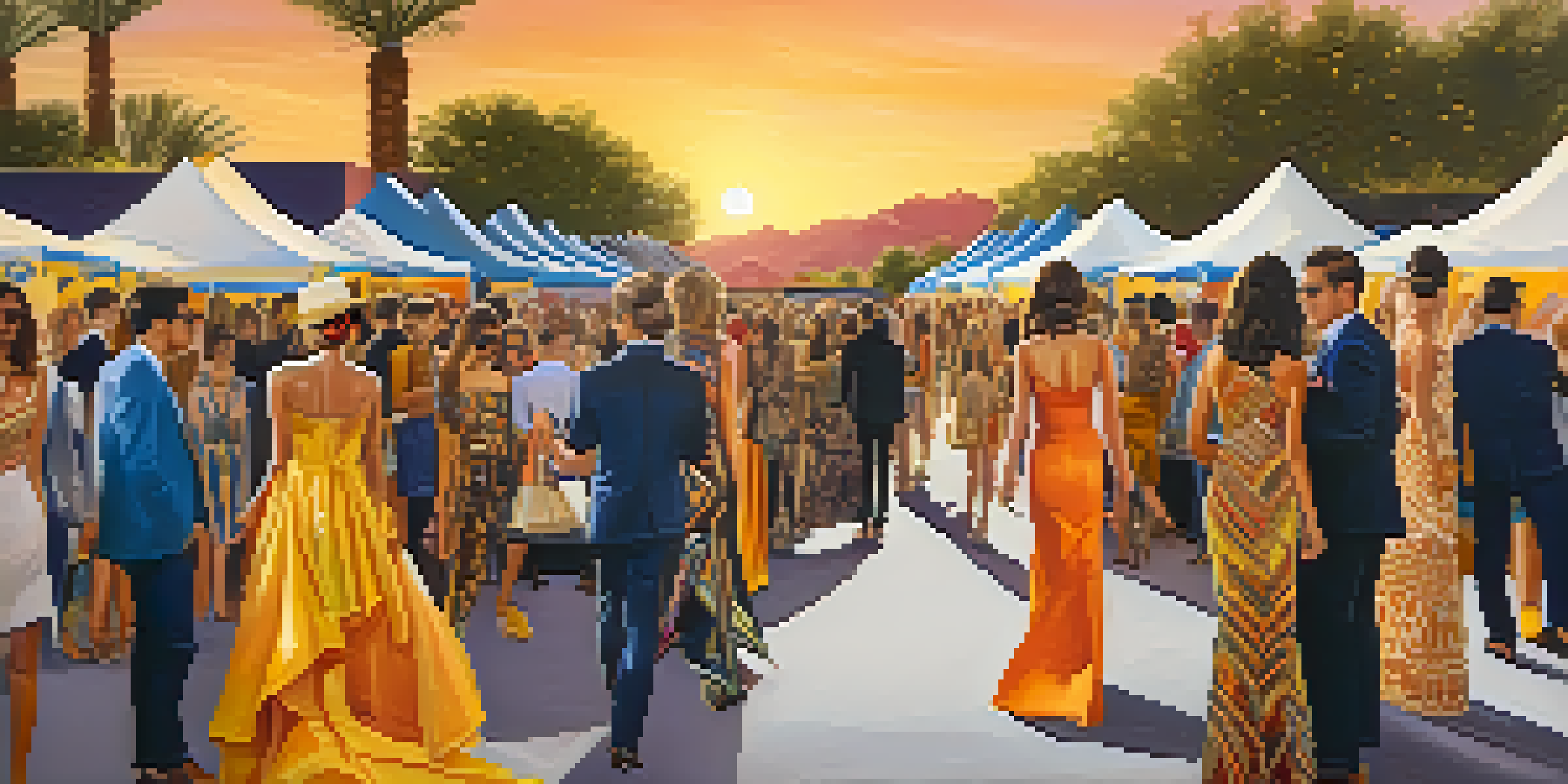 An outdoor fashion event in Phoenix with models on the runway and colorful tents, under a warm sunset glow.