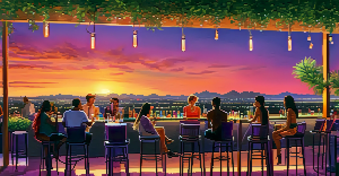 A rooftop bar in Phoenix during sunset, featuring colorful cocktails, patrons enjoying drinks, and a glowing skyline in the background.